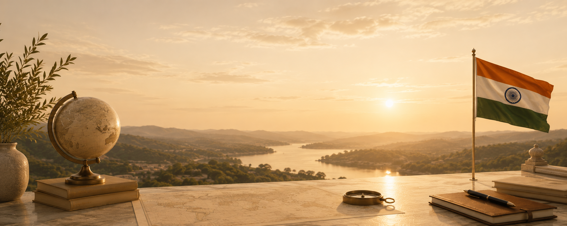 Indian flag at sunrise over a river valley